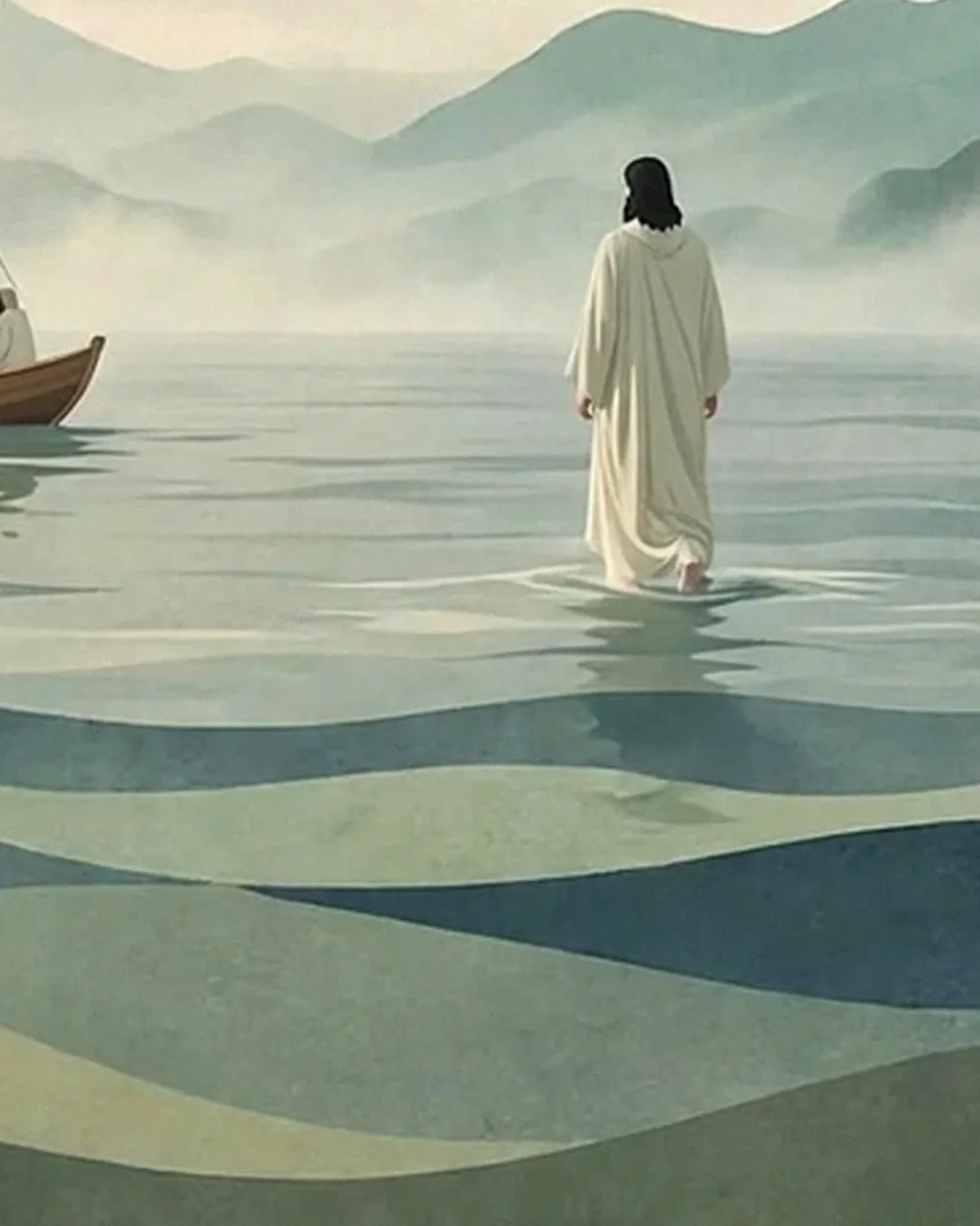 Close crop of a robed figure standing on layered teal water.