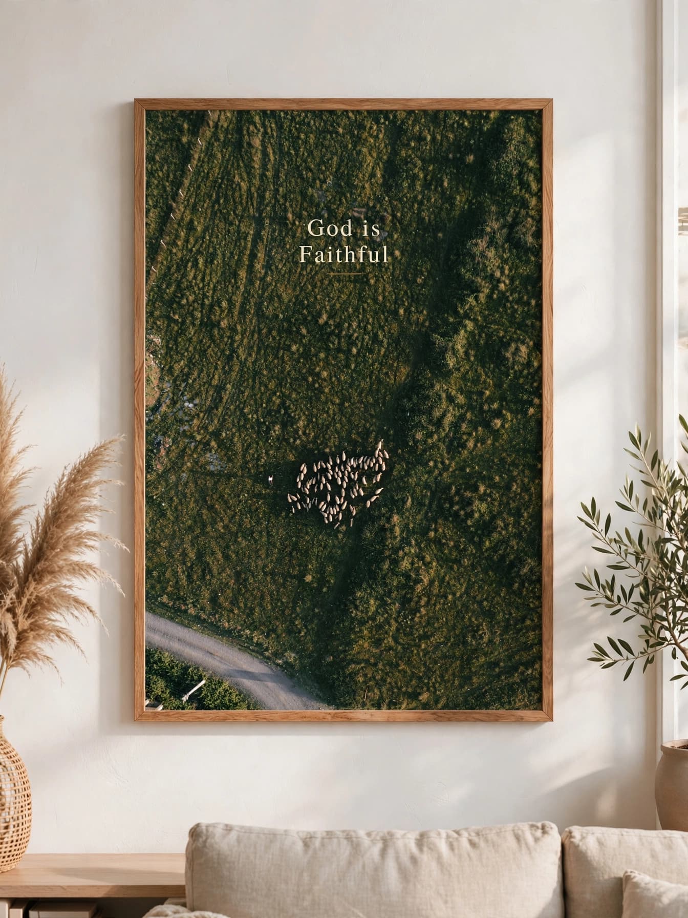 Aerial view of a flock of sheep in a dark green pasture, "God is Faithful" in cream serif, pecan frame, hung above a linen sofa.
